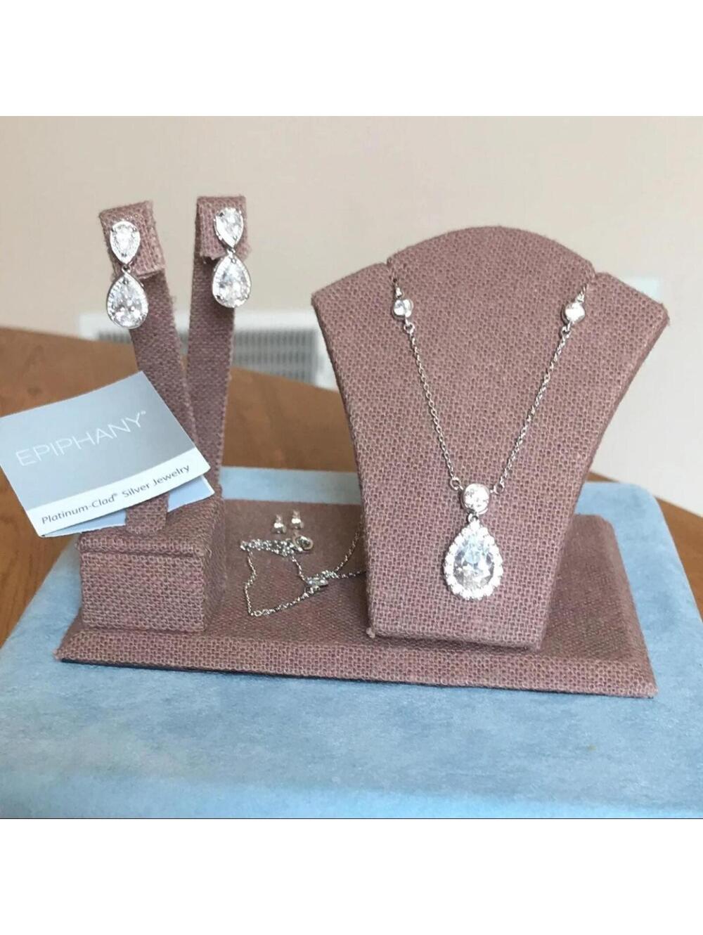 Platinum Clad Sterling Silver CZ Diamond Necklace Earrings Designer Jewelry Set